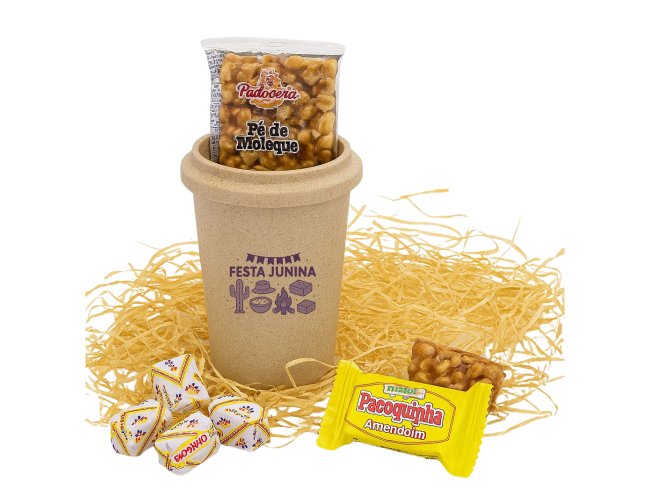 KIT JUNINO | COPO DE VIAGEM PERSONALIZADO COM DOCE | BRINDE CORPORATIVO PARA FESTA JUNINA