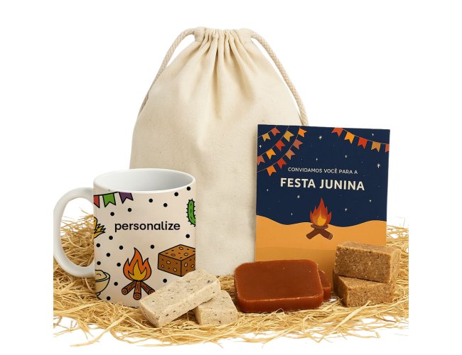 KIT JUNINO NO SAQUINHO COM CANECA PERSONALIZADA + DOCES